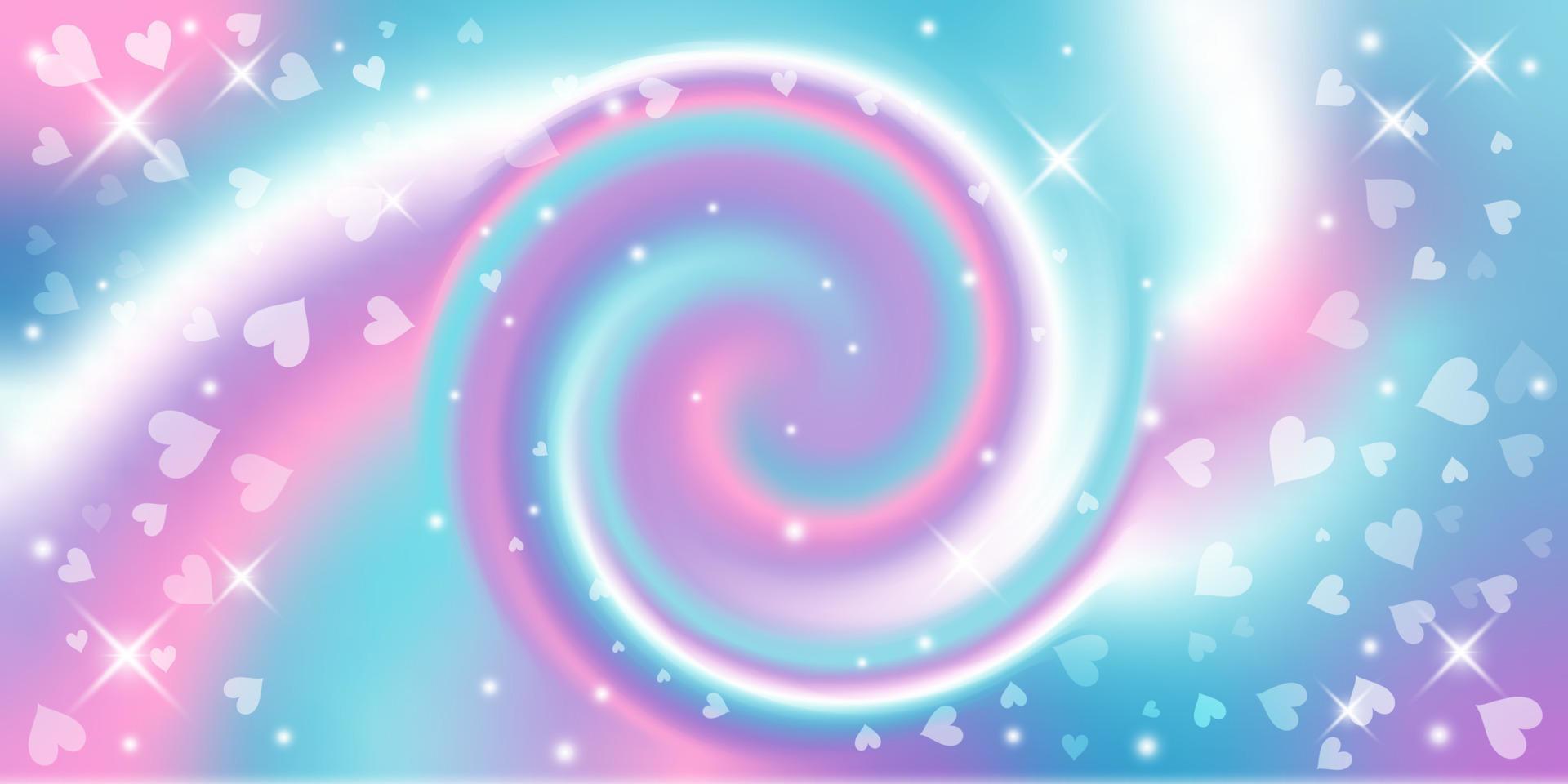 Rainbow swirl background with stars and hearts. Radial gradient rainbow of twisted spiral. Vector illustration.