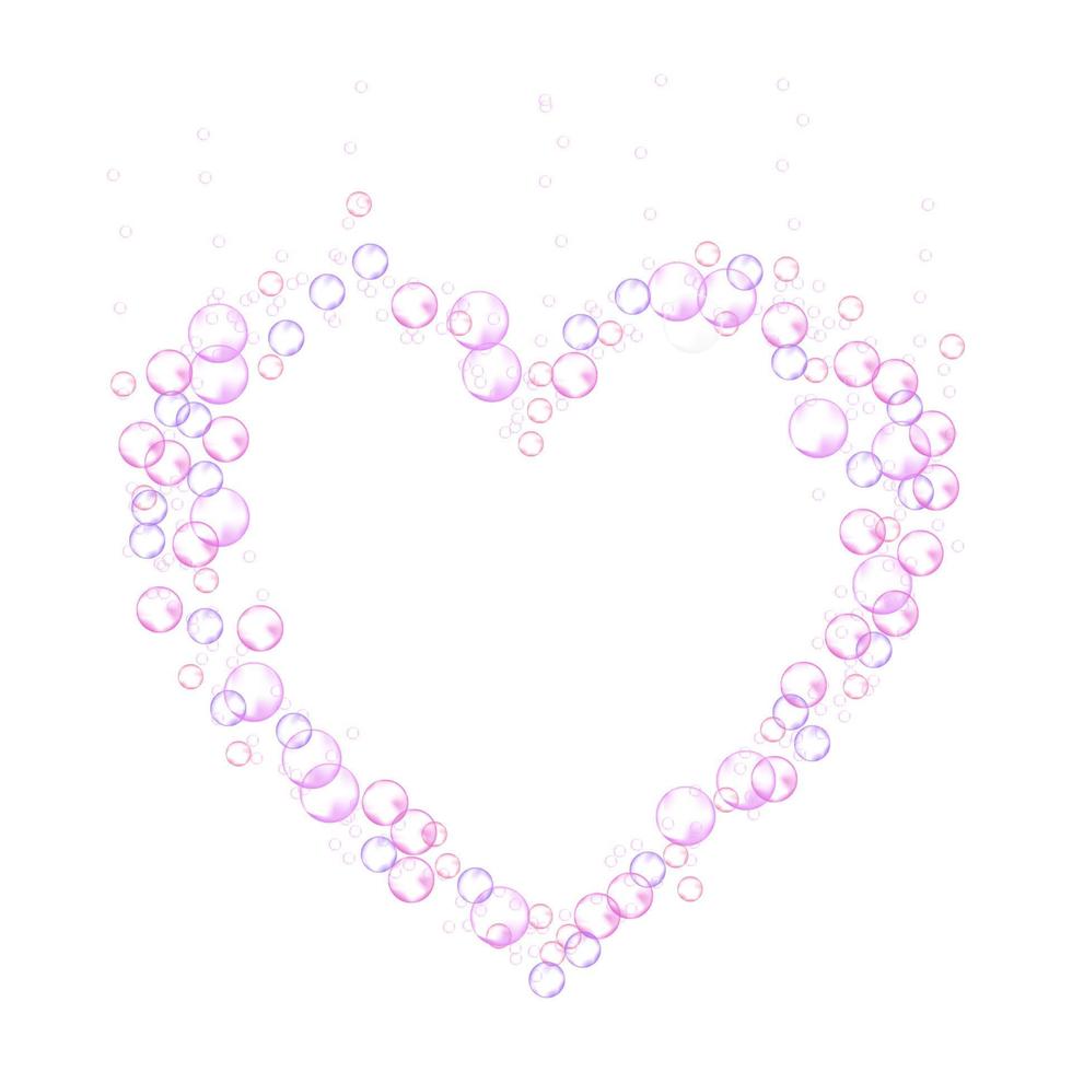 Effervescent bubbles frame in the form of heart. Pink soap foam isolated on white background. Realistic vector illustration. Valentine and love symbol.