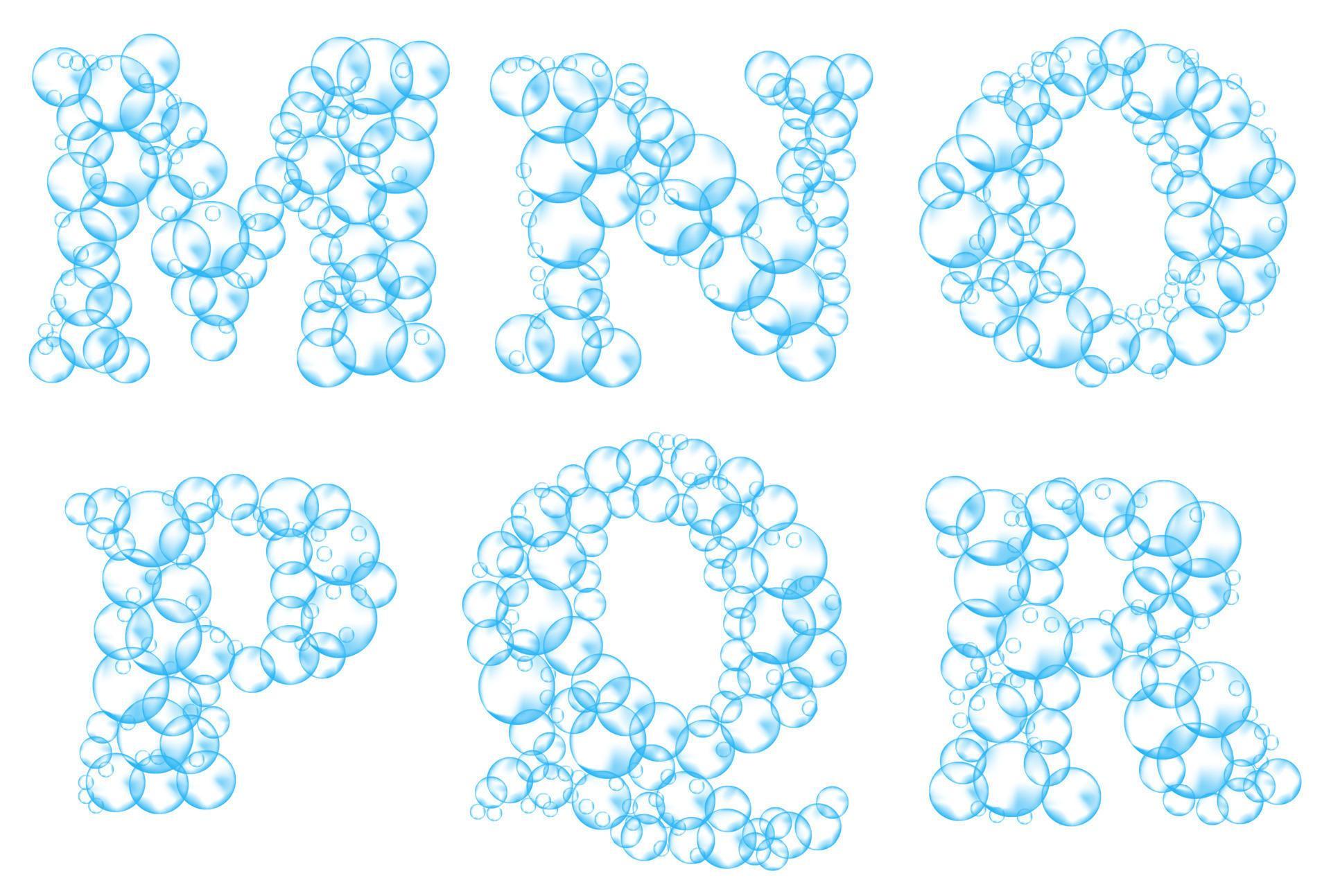 Alphabet of soap bubbles. Water suds letters m, n, o, p, q, r