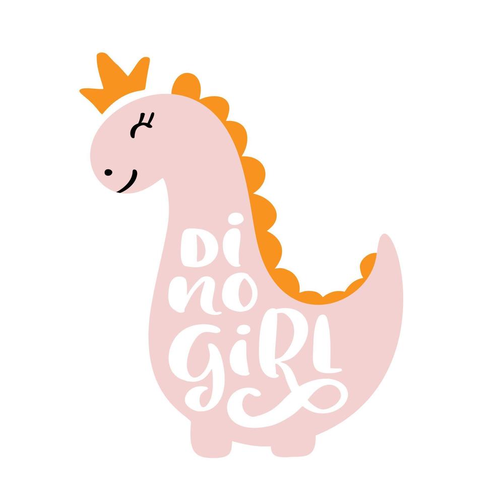 impresión linda del bebé del dinosaurio. lema de letras dino dino girl. ilustración genial para camiseta de guardería, ropa para niños, invitación. simple diseño infantil escandinavo t-rex vector