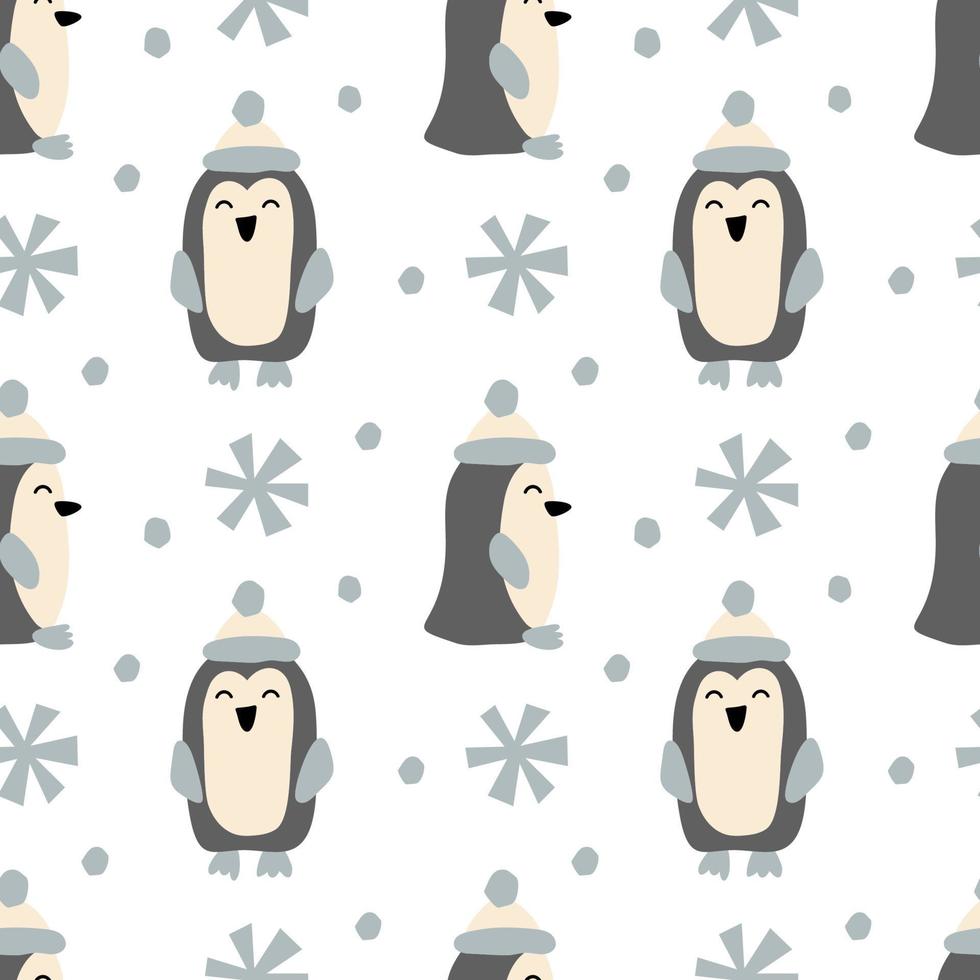 Christmas Penguin and snowflakes vector seamless scandinavian pattern. Cute kids winter background. For children fabric textile, cloth, backdrop, wallpaper. Printable format