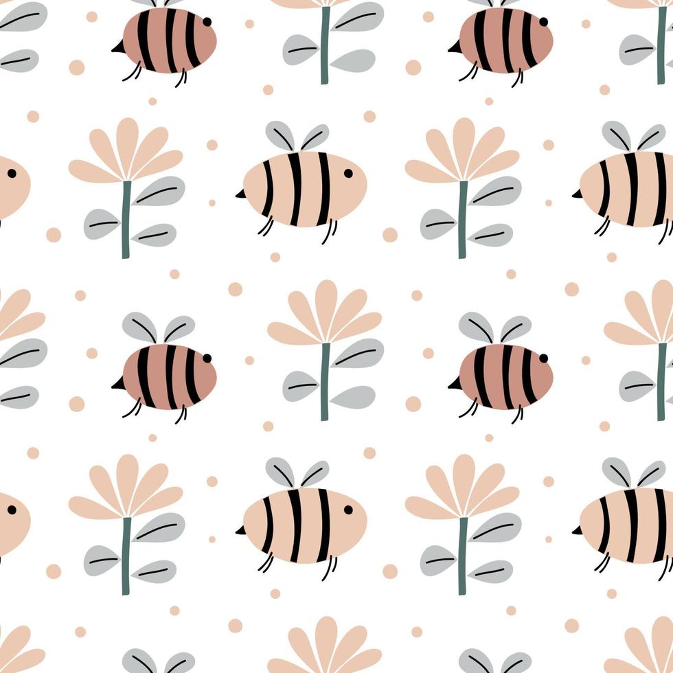 Cute bee and flowers seamless vector baby pattern on isolated white scandinavian background. For children fabric, cloth, backdrop, wallpaper. Printable format