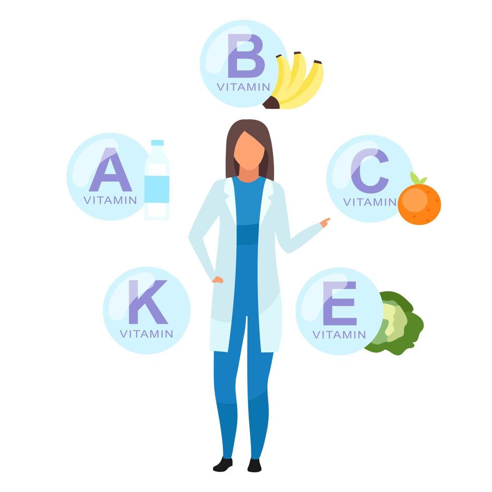 Doctor explaining vitamin sources flat vector illustration. Nutritionist offering fresh fruit, vegetables. Dietitian promoting dairy products consumption isolated cartoon character on white background