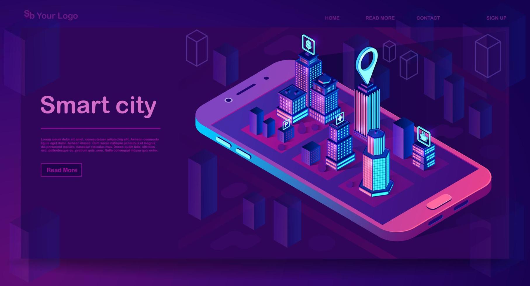 Smart city isometric architecture concept. Web banner with neon buildings. Futuristic 3d city smartphone app map. Intelligent buildings with signs. Internet of things. Isolated vector illustration