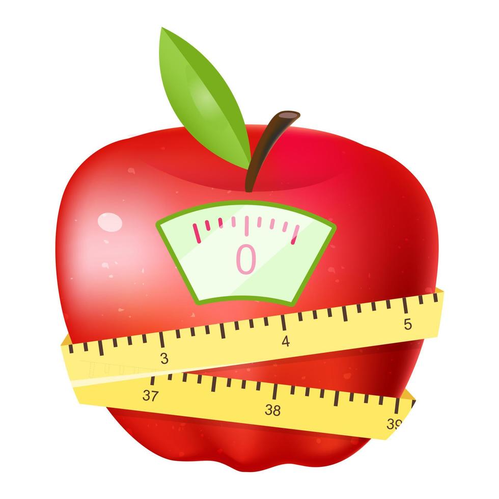 Eating fruits for losing weight flat vector illustration. Cartoon red apple with flexible measuring tape and scales isolated on white background. Vegetarian nutrition leading to body mass loss