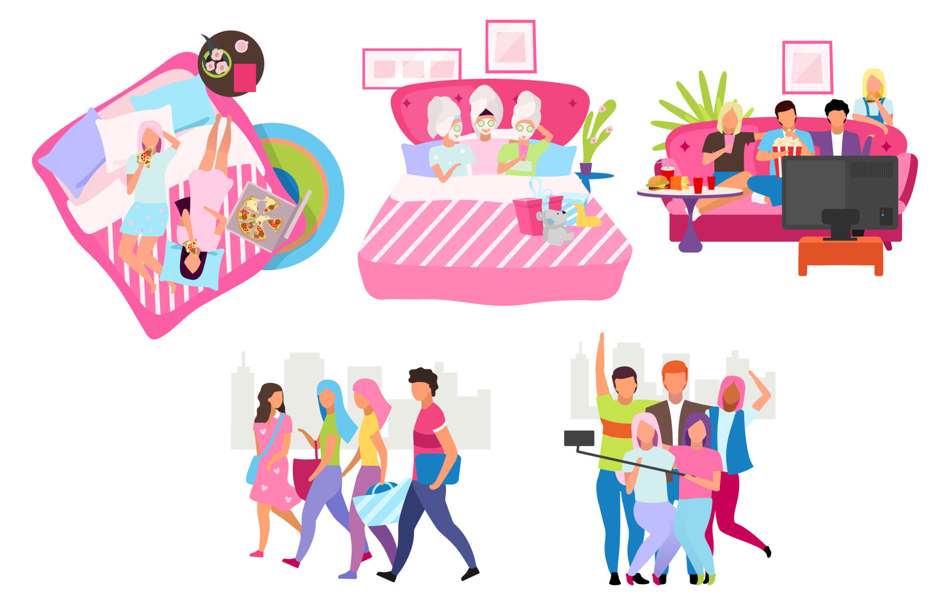 Friends group flat vector illustrations set. Young people spending time, meeting together cartoon characters. Male and female friendship. Students, girls and guys taking selfie, walking, eating pizza 4461856 Vector Art at Vecteezy Friends group flat vector illustrations set. Young people spending time, meeting together cartoon characters. Male and female friendship. Students, girls and guys taking selfie, walking, eating pizza 4461856 Vector Art at Vecteezy