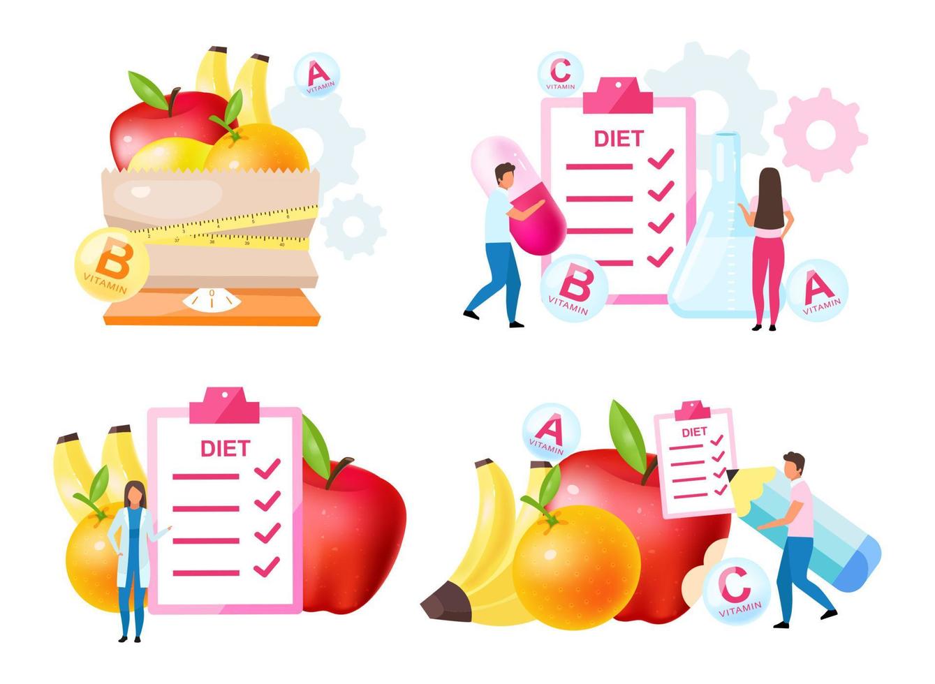 Dietology experts flat vector illustrations set. Fresh vitamins containing fruits. Choosing healthy nutrition ingredients. Scheduling diet meals. Nutritionist, doctor isolated cartoon characters