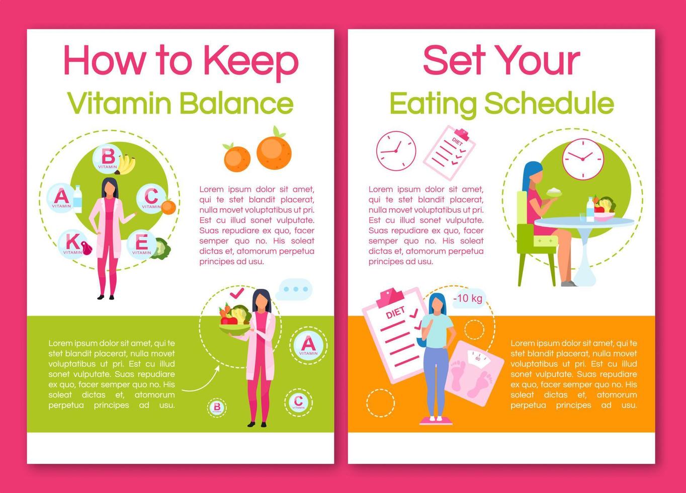 Keeping vitamin balance brochure template. Flyer, booklet, leaflet concept with flat illustrations. Vector page layout for magazine. Setting eating schedule advertising invitation with text space