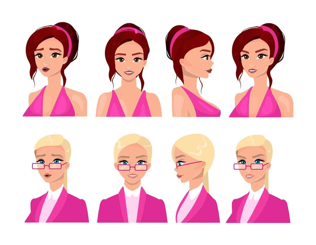 Female faces flat vector illustrations set. Beautiful women avatars with blonde and brunette hair, different facial expressions. Elegant young girls portraits collection. Isolated cartoon characters
