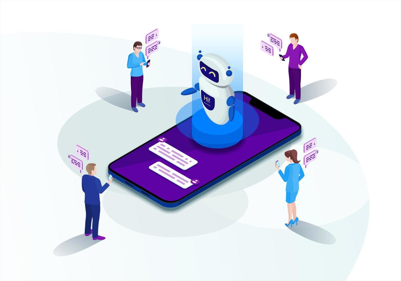 Chatbot isometric vector illustration. Chat bot receiving client messages, requests. Future marketing. Teacherbot. Website assistance. Customer service infographic. IOT 3d concept. Mobile app design