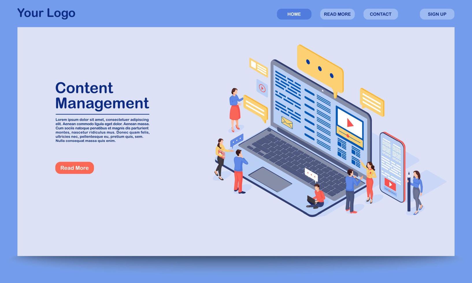 Content management landing page vector template. Digital inbound marketing website interface idea with flat illustration. SMM, media advertising homepage layout. Web banner, webpage cartoon concept