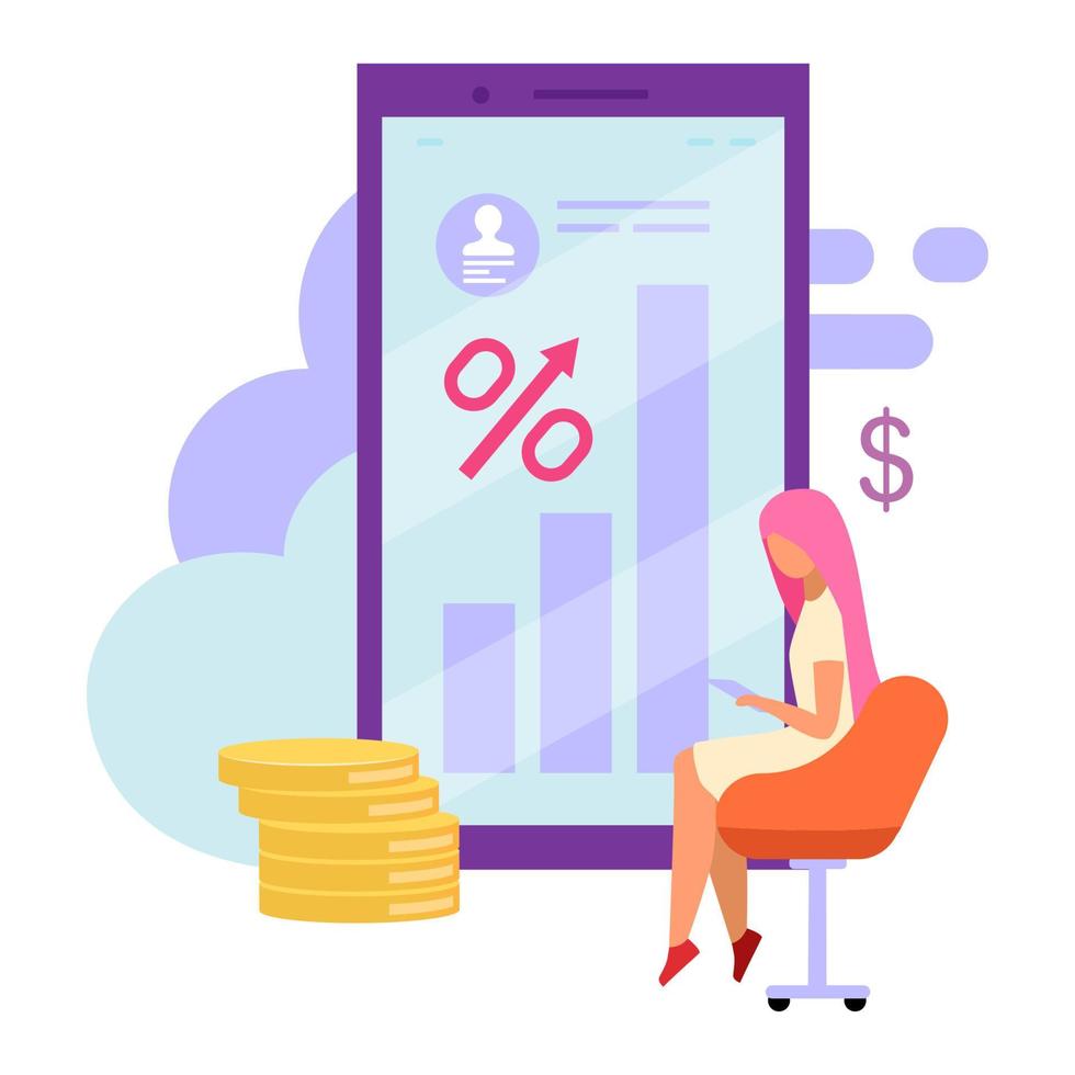 Mobile banking account balance flat vector illustration. Loan high interest rates cartoon concept. Investment, stock trading app isolated metaphor. E commerce, profit growth. Ewallet, ROI statistics