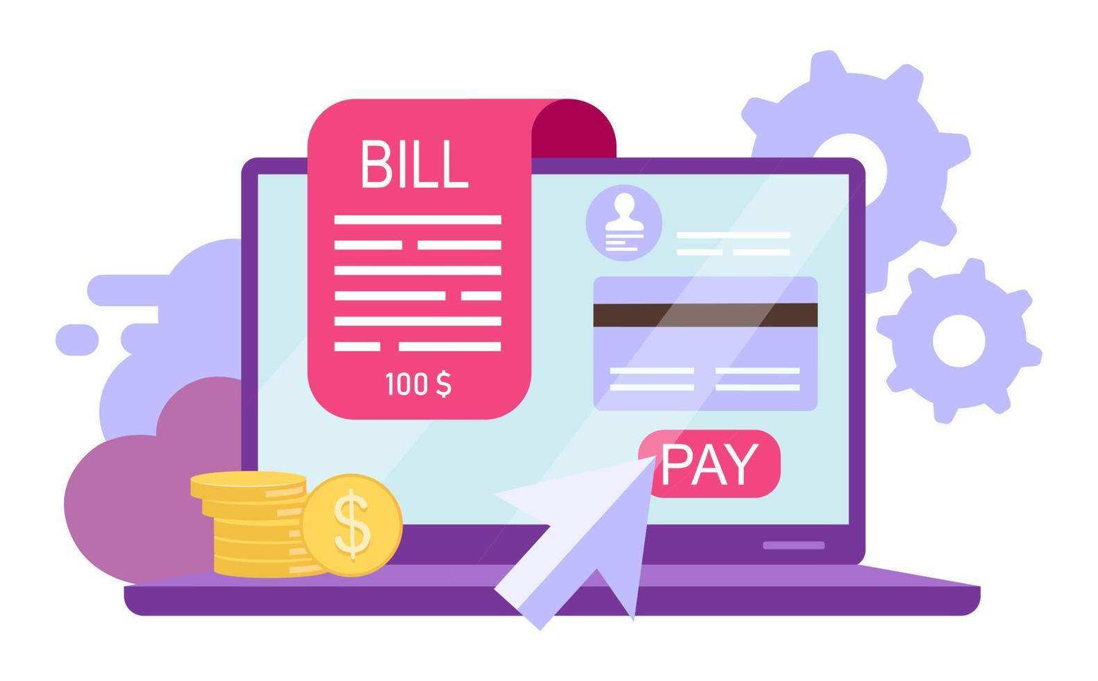 Bill pay flat vector illustration. Online payment, instant credit card transactions isolated cartoon concept on white background. Online receipt, invoice. Banking service. Epayment, ewallet account