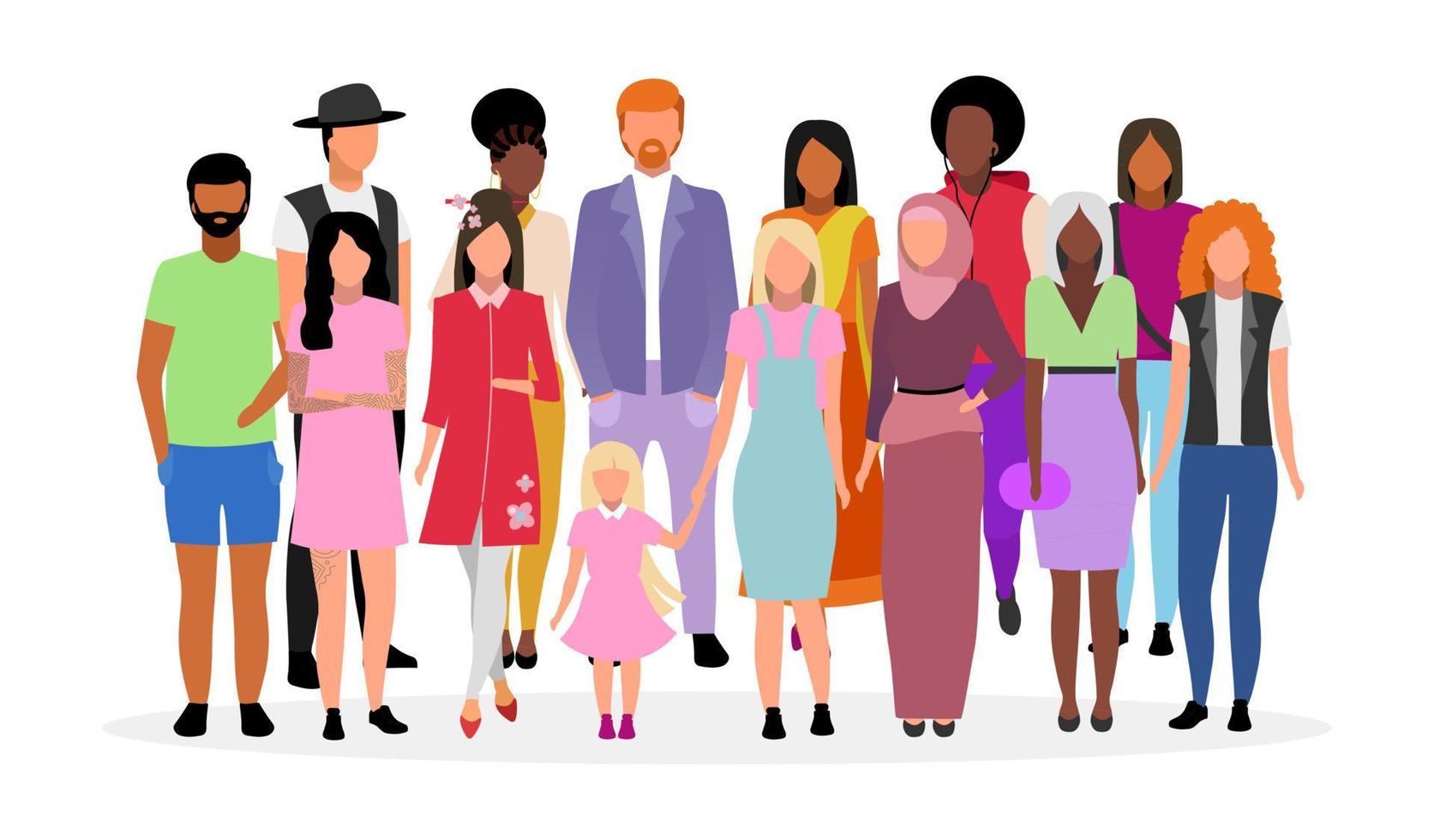 Ilustración de vector plano de grupo de personas multiculturales. diferentes nacionalidades, razas mujeres y hombres personajes de dibujos animados. Adultos jóvenes multirraciales caucásicos y afroamericanos, diversos chicos y chicas