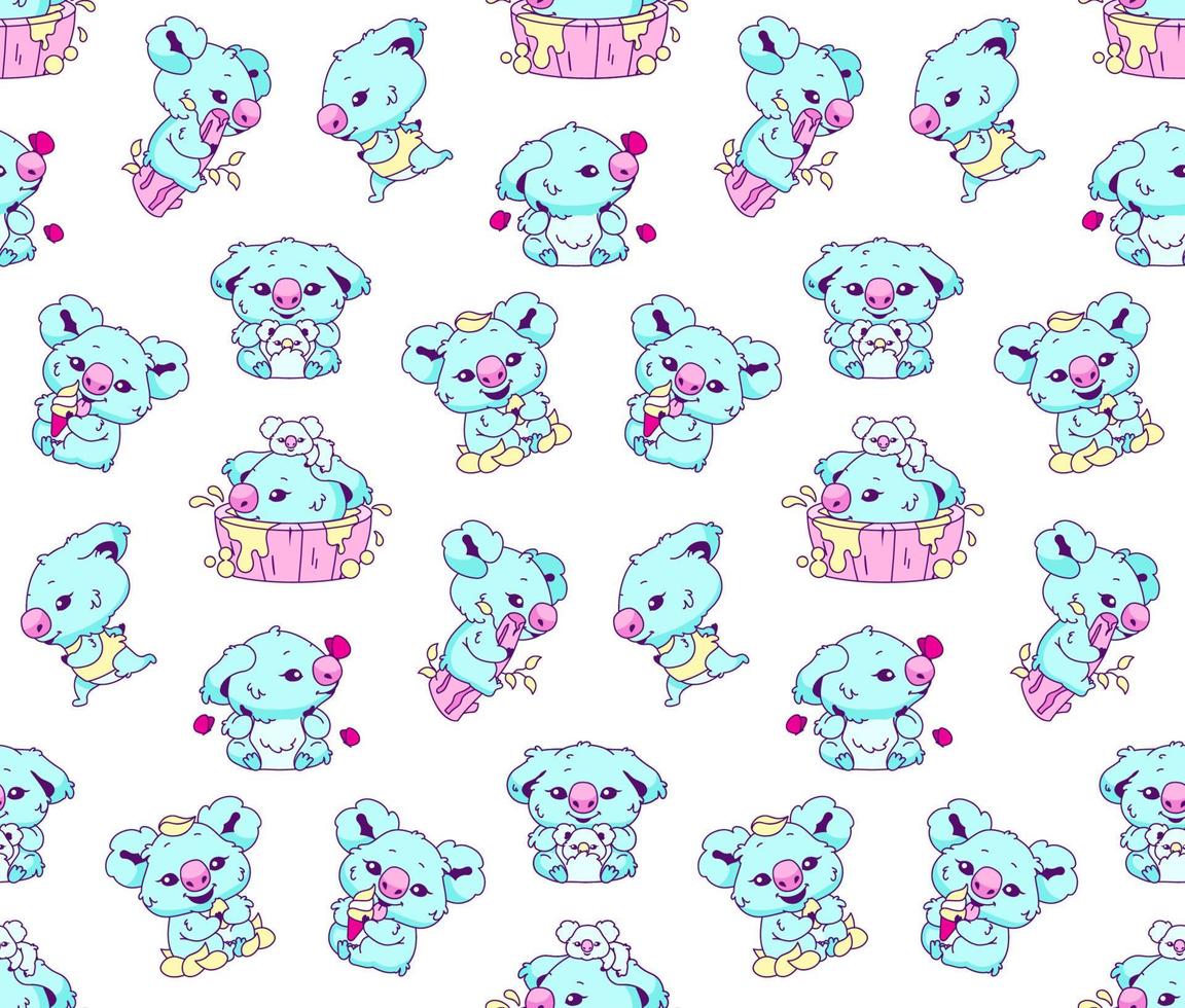 Lindo koala kawaii color vector de patrones sin fisuras. Adorable y divertido animal bañándose, comiendo helado, sentado en una rama de papel de envolver, papel tapiz. personaje de anime baby koala sobre fondo blanco