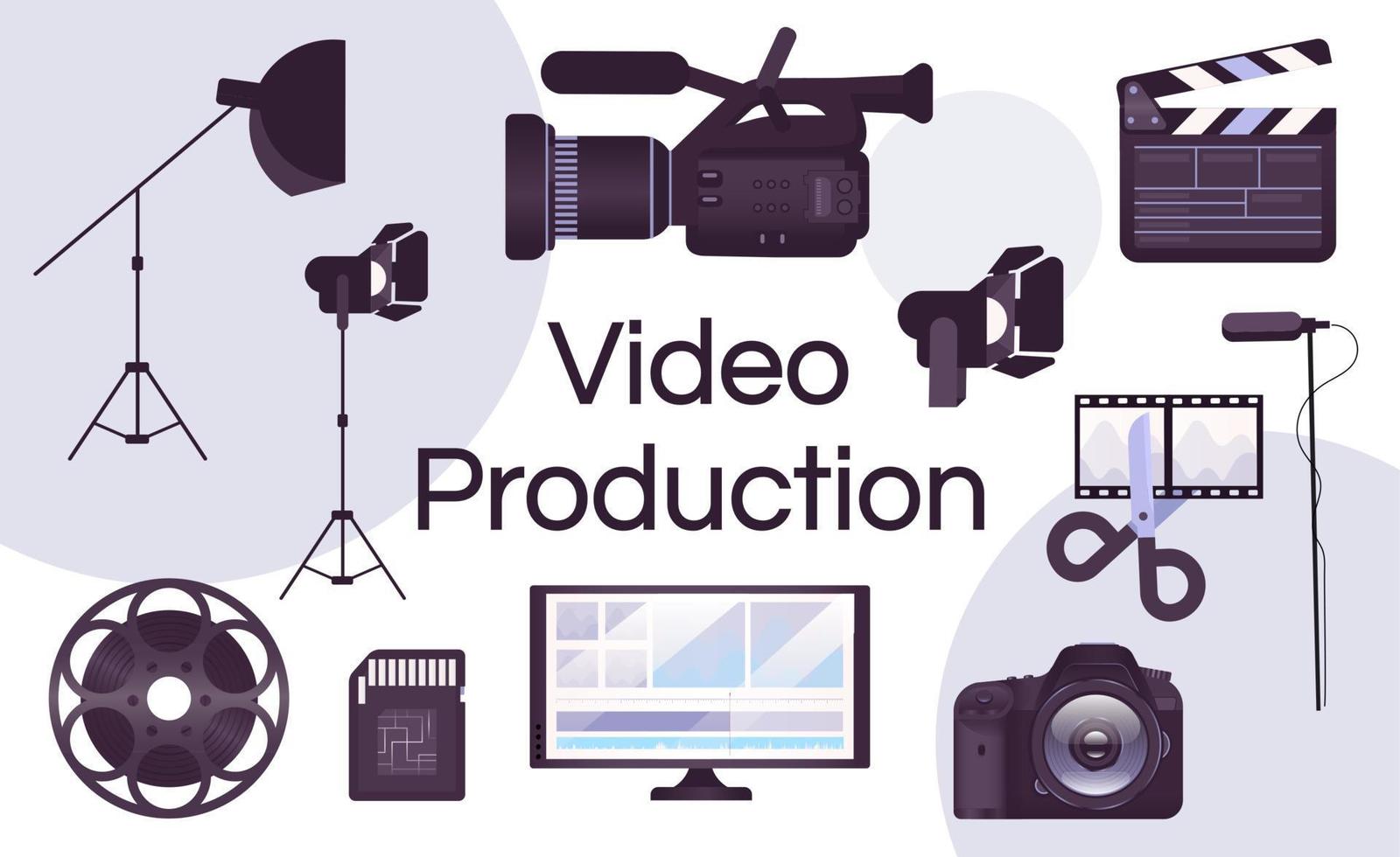 Video production equipment flat concept icons set. Photo camera, clapperboard, microphone stickers, cliparts pack. Filmmaking tools. Isolated cartoon illustrations on white background vector