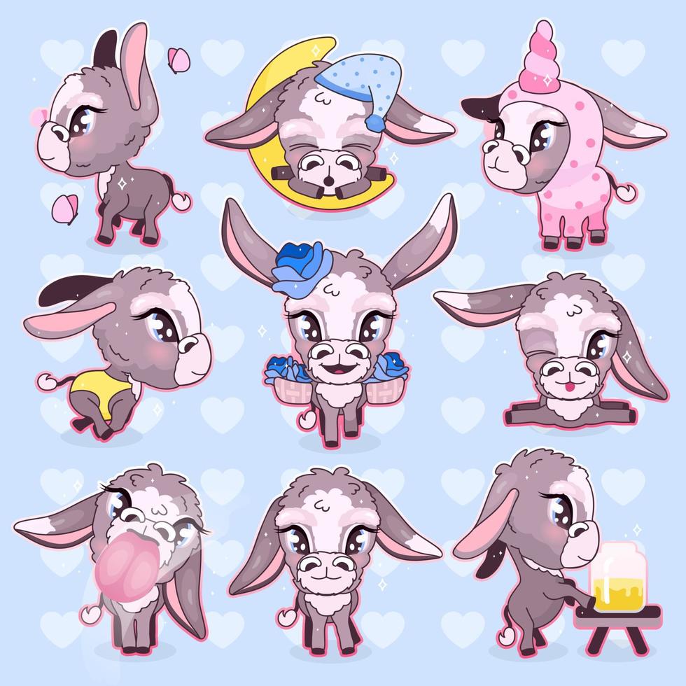 Conjunto de personajes de vector de dibujos animados lindo burro kawaii. mula adorable y divertida, pegatinas aisladas de animales burro, parches, ilustraciones de niña. paquete de emojis de burros felices de bebé de anime sobre fondo azul