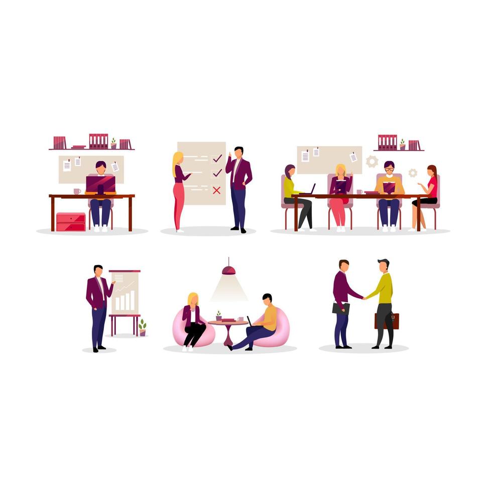 Office routine, coworking flat illustrations set. Colleagues, coworkers, partners and managers working isolated cartoon characters. Business meeting, project management, working process organization vector