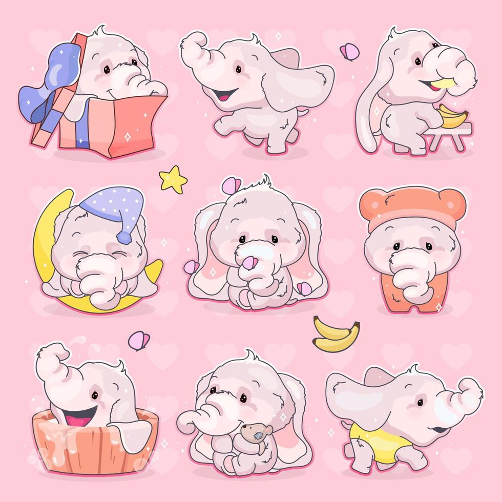 Conjunto de personajes de vector de dibujos animados lindo elefantes kawaii. adorable y divertido animal diferentes poses y emociones pegatina aislada, parche. anime bebé niña elefantes emoji sobre fondo rosa