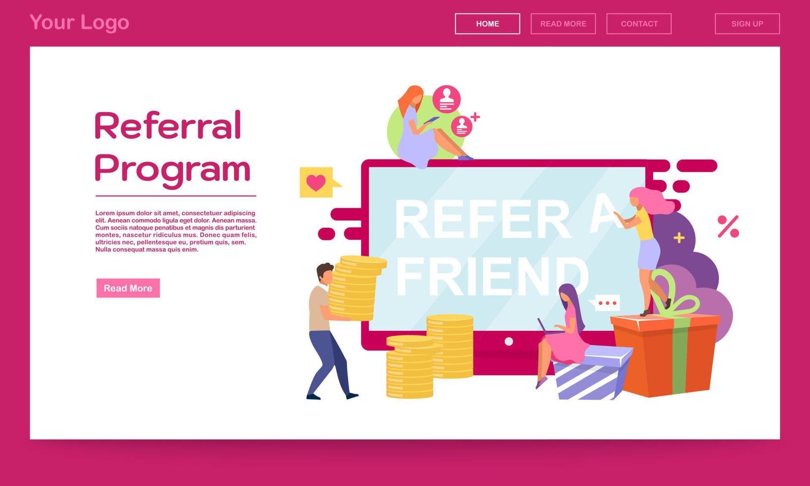 Referral program landing page vector template. Social sharing refer a friend website interface idea with flat illustrations. Influencer marketing PR campaign web banner webpage cartoon layout 4461916 ...