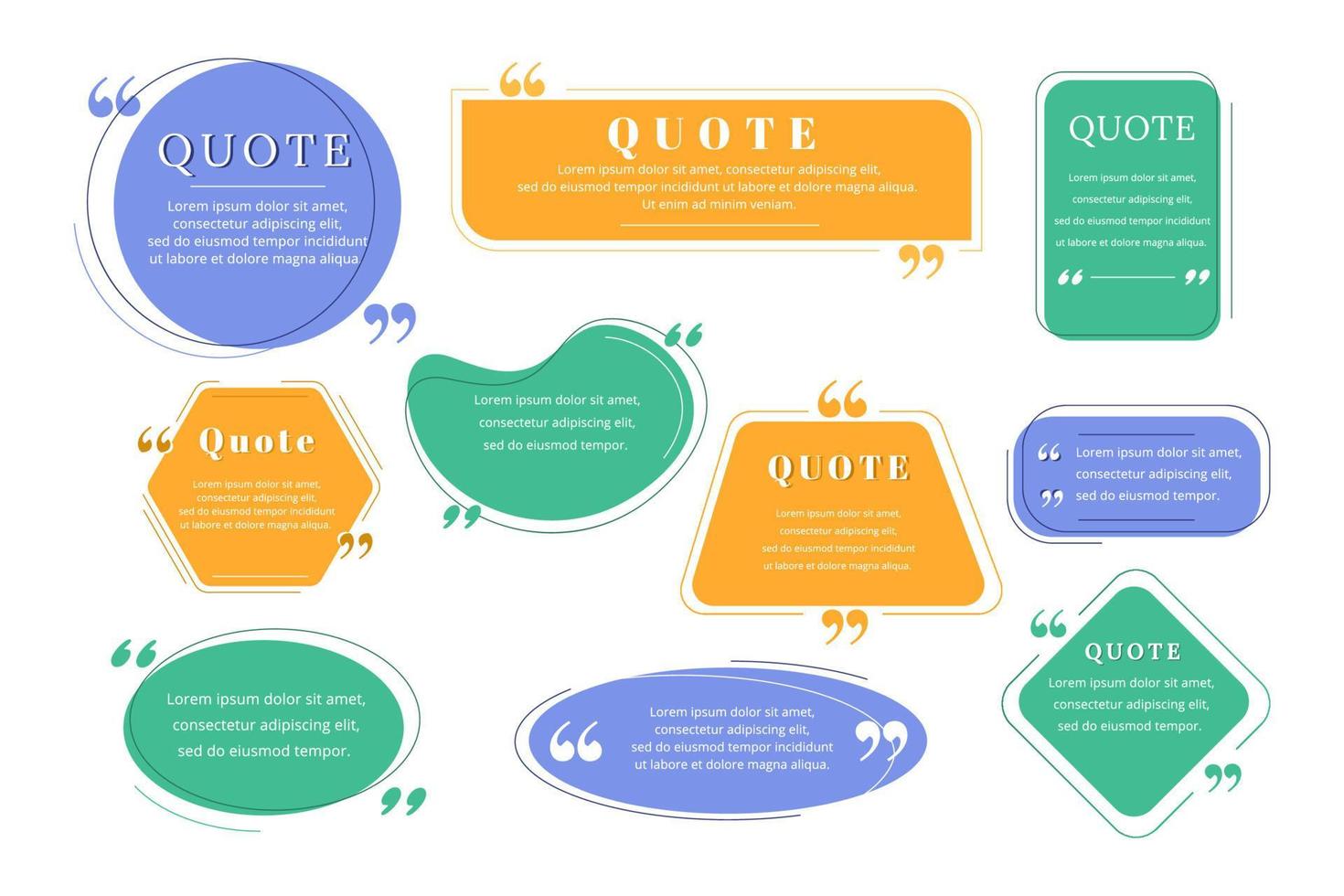 Quote blank frame vector template set. Blue, orange, green speech bubble. Quotation, citation text box design. Circle, rectangle, rhombus, oval empty textbox background for message, comment, note