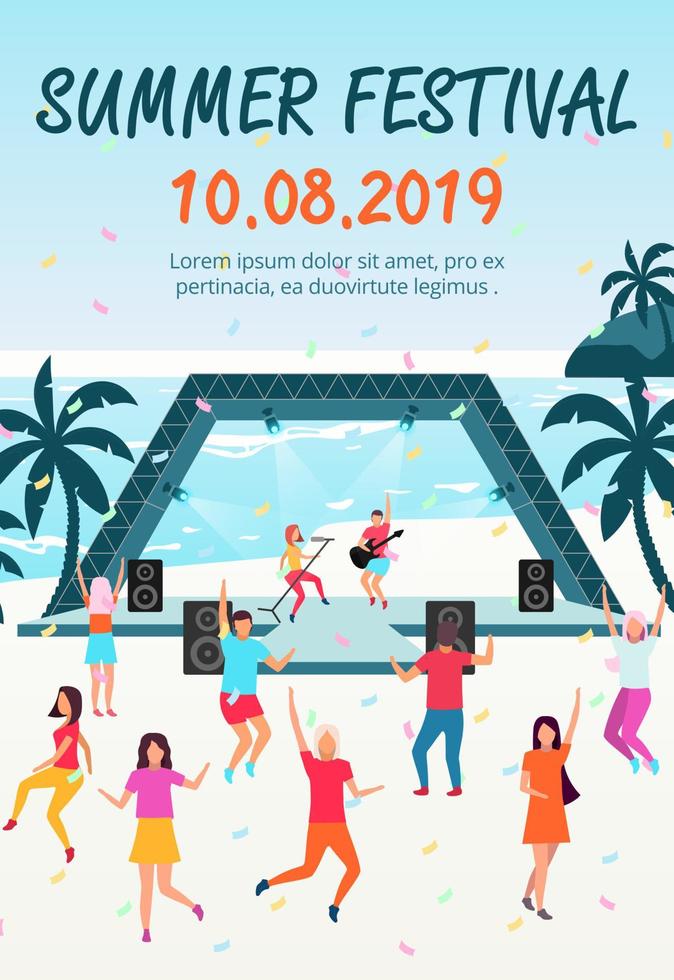 Summertime festival brochure template. Live concert. Flyer, booklet, leaflet concept with flat illustrations. Vector page layout for magazine. Beach party advertising invitation with text space