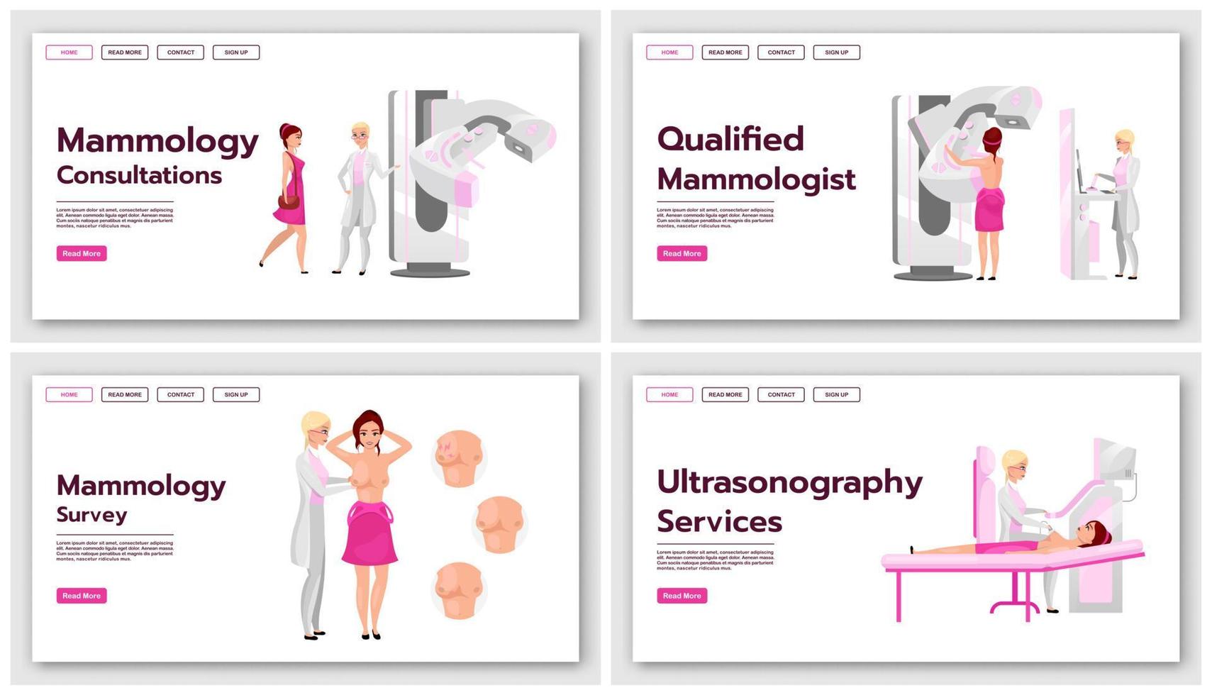 Mammography landing page vector templates set. Screening tests for breast cancer website interface idea with flat illustrations. Medical ultrasonography homepage layout. Web banner, webpage concept