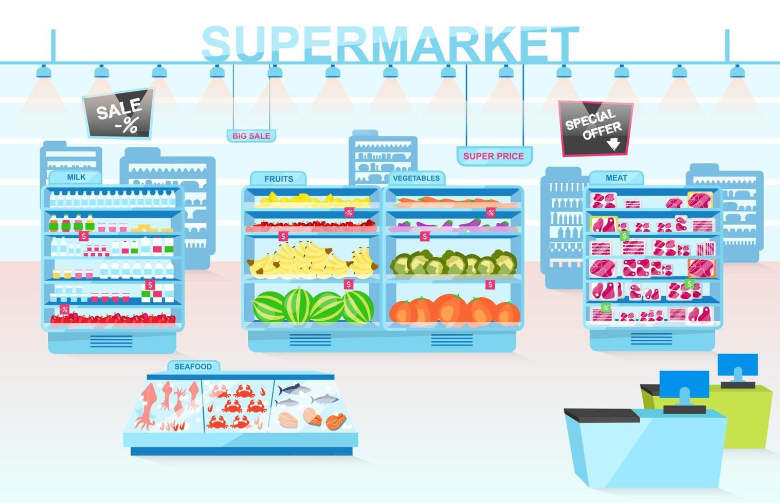 Ilustración de vector plano de departamentos de supermercado. estantes con diferentes productos. divisiones de verduras, carnes, mariscos, frutas y lácteos. interior de la tienda de comestibles. consumismo y mercaderia