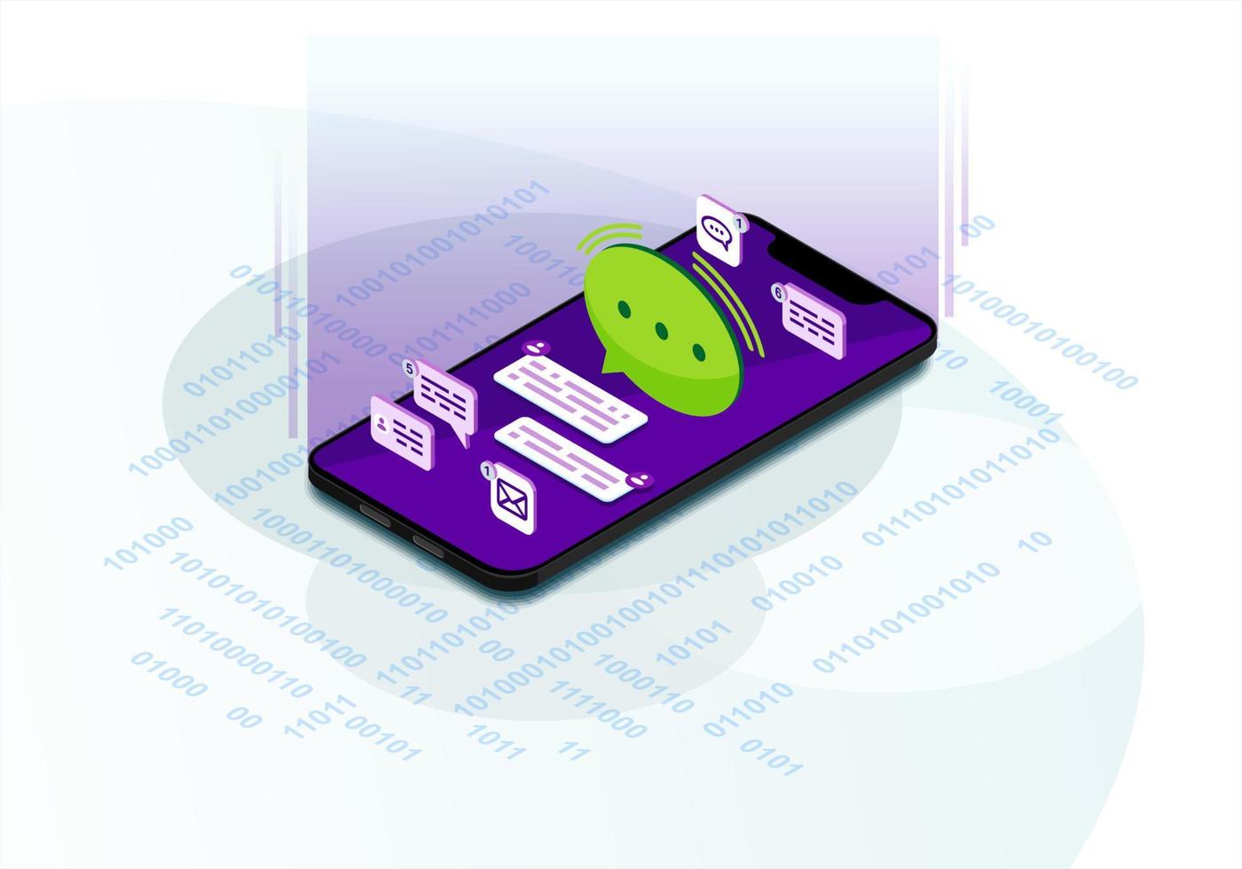 Incoming message isometric vector illustration. Using smartphone. Messages and calls manager. Mobile communication infographic. Messenger. Chatting 3d concept. Mobile app design