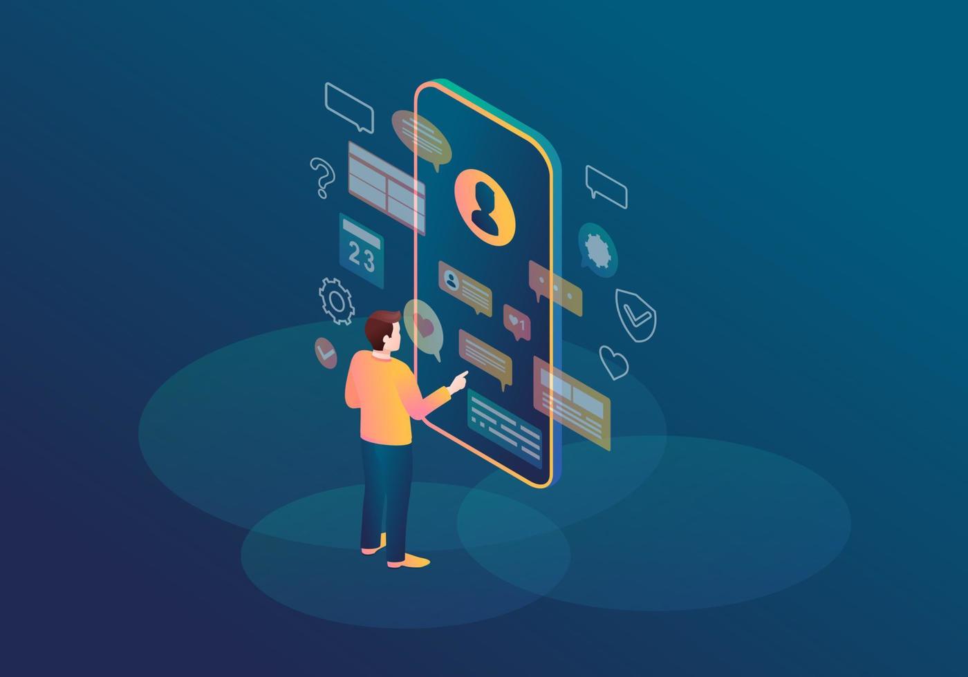 Ilustración de vector de color isométrico de mensajero. interfaz de usuario virtual. persona que usa un teléfono inteligente. comunicación en línea. realidad aumentada. organizador personal, recordatorio. charlando. página web, aplicación móvil concepto 3d