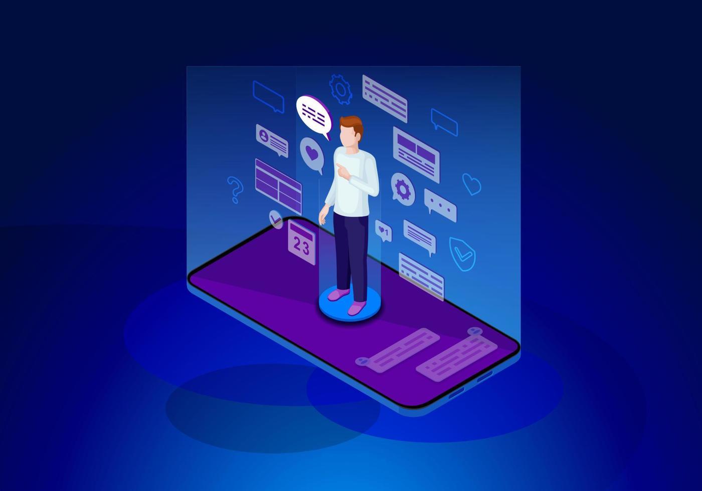 Social media isometric color vector illustration. Person using smartphone. Online communication. SMM. Blogging. Digital service infographic. Messenger. Future marketing. Webpage, mobile app 3d concept
