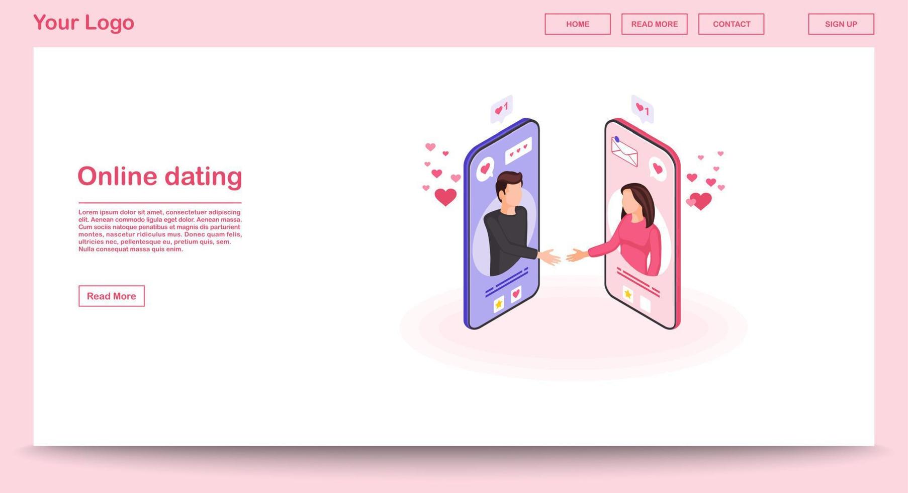 Online dating webpage vector template with isometric illustration. Virtual handshake. Messaging, liking website interface design. Matchmaking pink webpage, mobile app 3d concept
