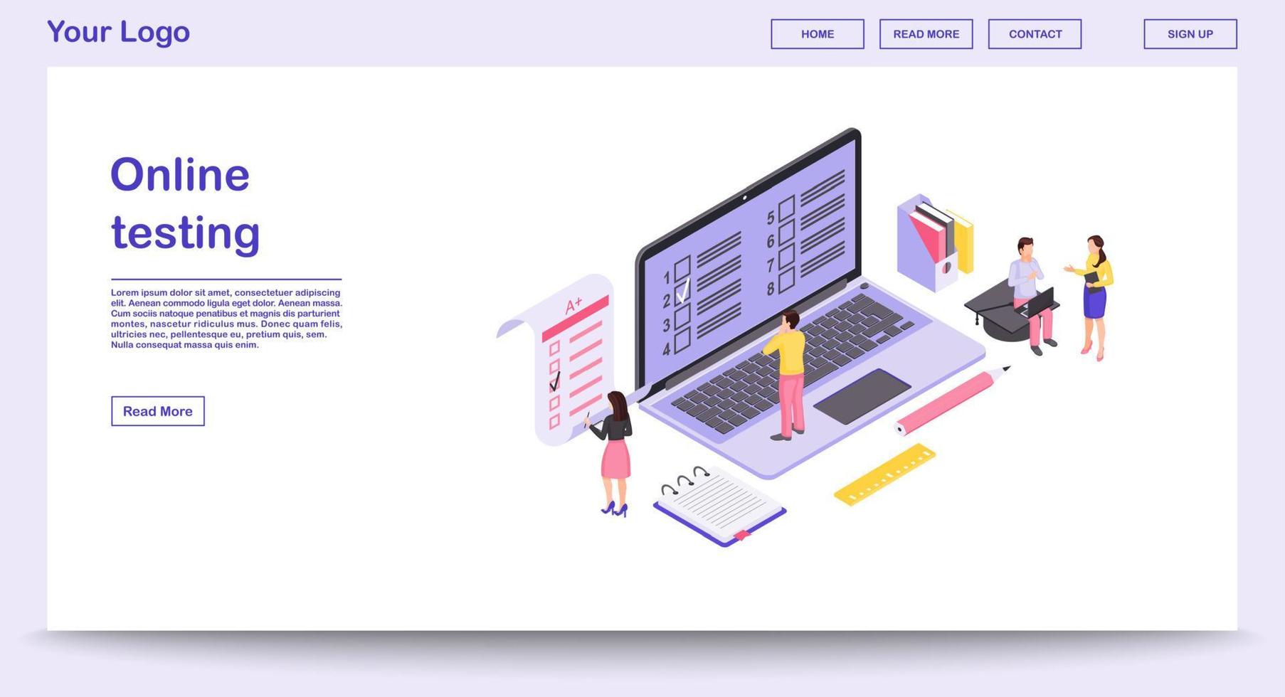 Online testing webpage vector template with isometric illustration. Student testing, education website interface. Computer display with exam forms. Examination test webpage, mobile app 3d concept