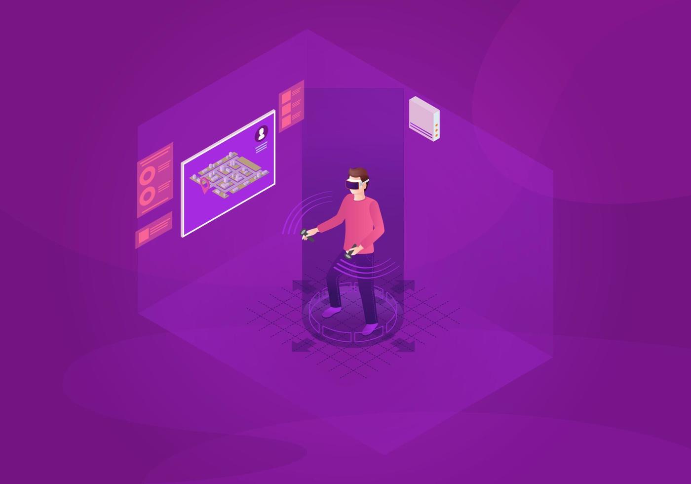 ilustración vectorial isométrica del juego vr. experiencia de juego de realidad virtual. tecnología digital futurista. persona jugando concepto 3d. jugador en auriculares vr con controladores. banner web, idea de presentación vector