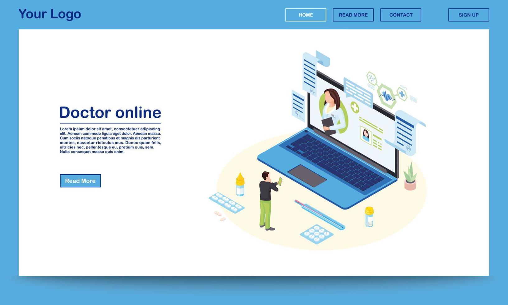Doctor online service isometric landing page template. 3d physician consulting patient, prescribing medicine. Ehealth system promo website with text space. Client contacting remote medical specialist vector