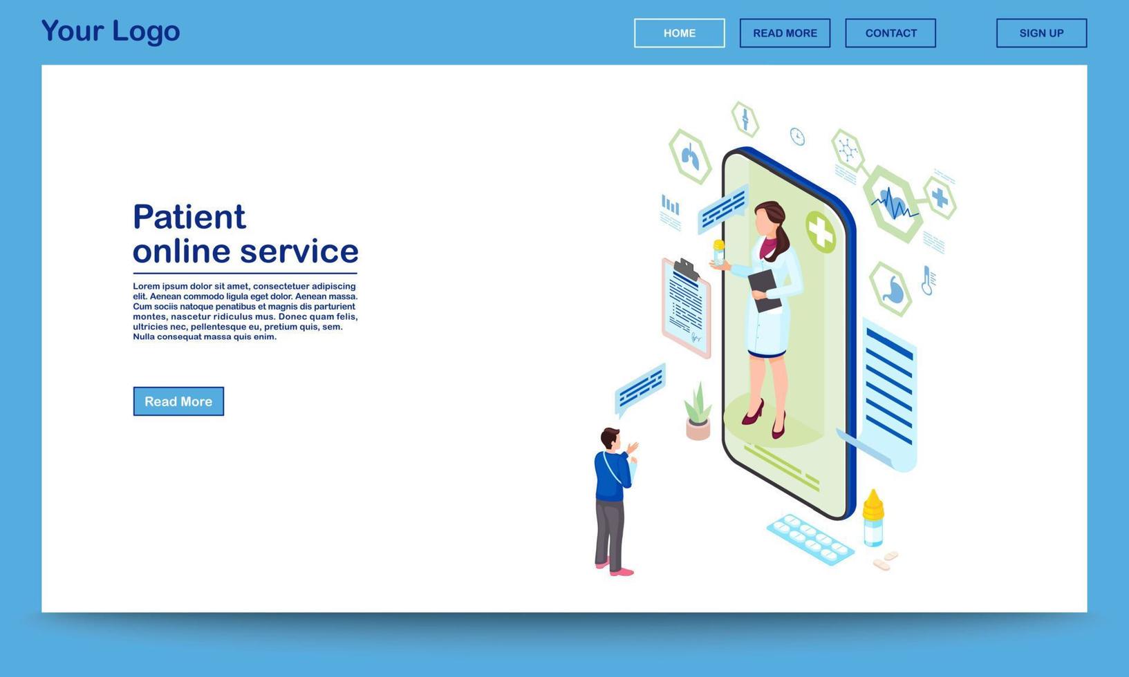 Patient support online service isometric homepage template. Remote medical consultant prescribing pills. Traumatologist consulting client via internet. Telemedicine technology mobile app promo webpage vector