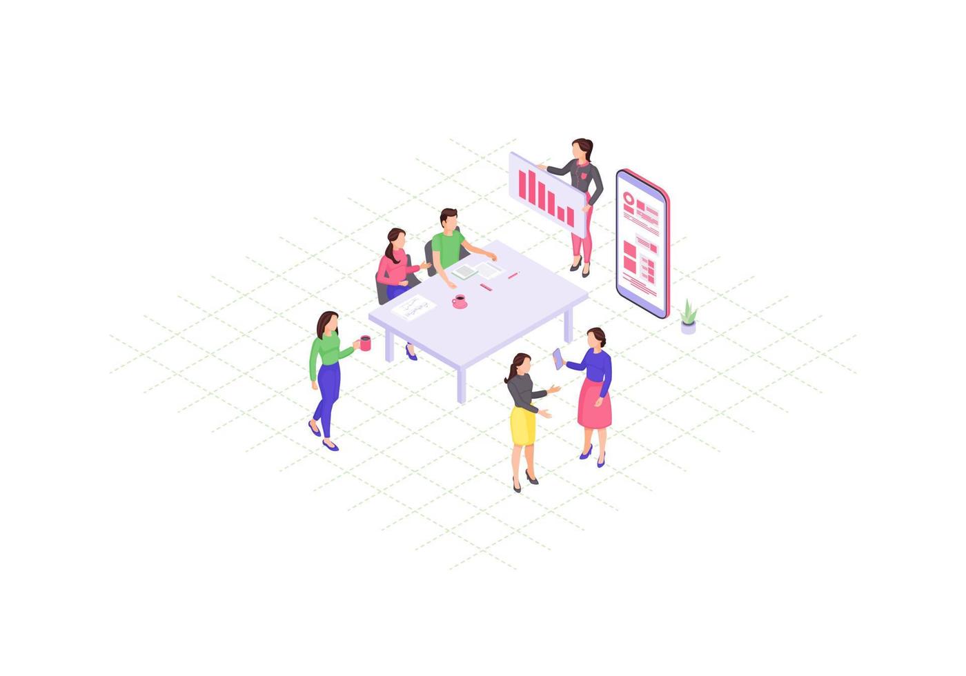 Teamwork isometric color vector illustration. Business presentation. Coworking. Corporate meeting infographic. Annual report 3d concept. Marketing strategy discussion. Webpage, mobile app design