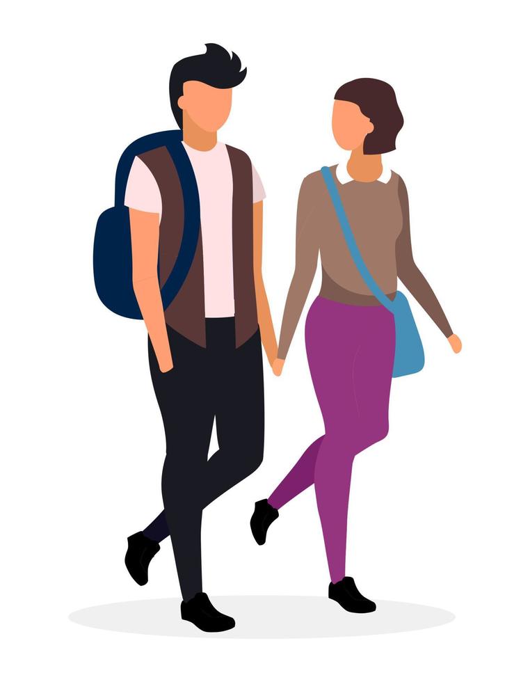 Happy students couple flat vector illustration. Teenage schoolboy and schoolgirl holding hands characters. Boyfriend and girlfriend going home after lessons. Schoolchildren, teens dating