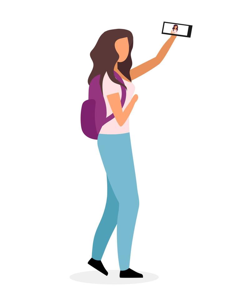 Stylish school girl taking selfie flat vector illustration. Modern teenage video blogger, vlogger cartoon character isolated on white background. Teenager with backpack and smartphone going to school