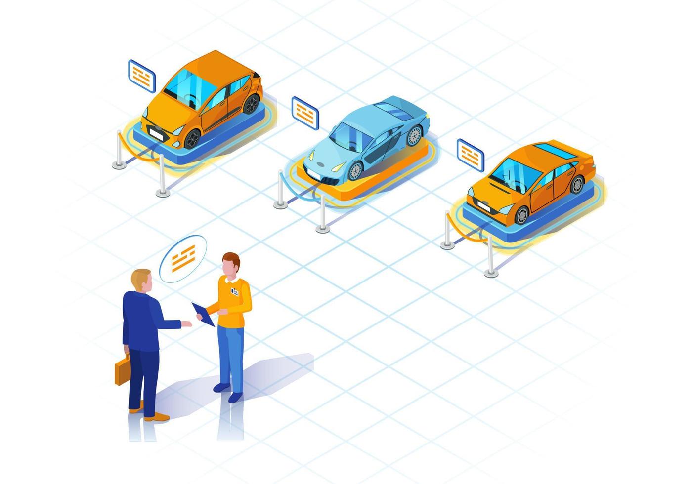 Ilustración isométrica del concesionario de automóviles. arrendamiento de vehículos. alquiler y compra de automóviles. infografía de acuerdo de alquiler de coches. salón de automóviles y sala de exposiciones. sitio web, diseño de banner. vector aislado