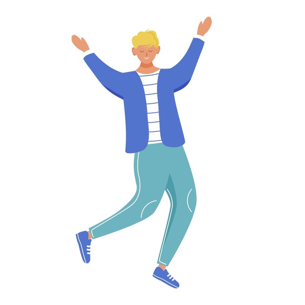 Ilustración de vector plano de hombre feliz. Persona adolescente sonriente en ropa casual. celebración de fiestas. Todo el cuerpo muchacho adolescente caucásico saltando de alegría personaje de dibujos animados aislado sobre fondo blanco.