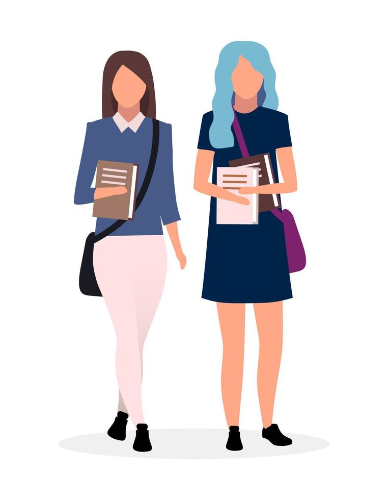 Teenage school friends flat vector illustration. Schoolgirls with books together cartoon characters on white background. Teen schoolchildren going to school with bags and textbooks. Stylish students