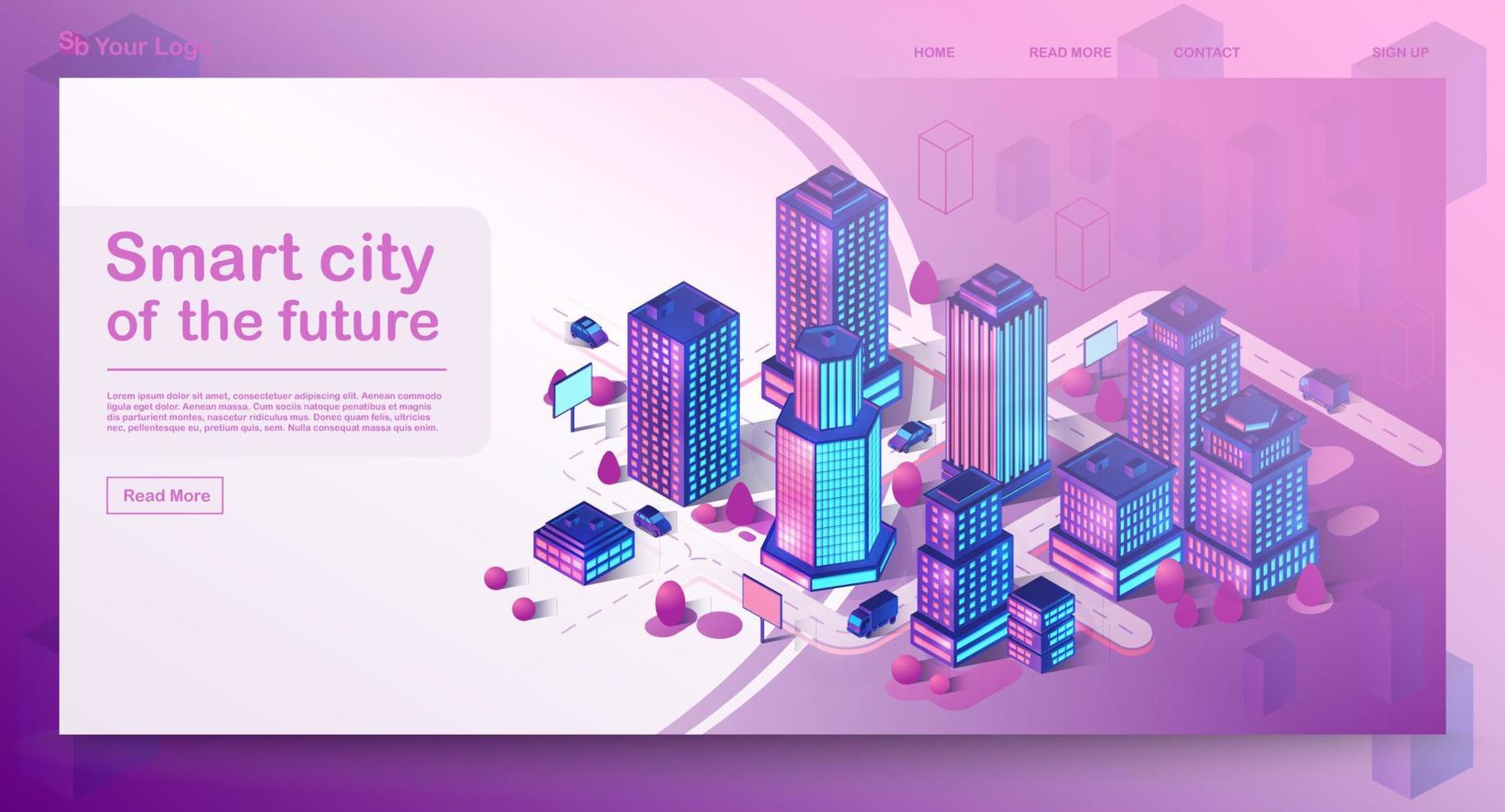 Smart city isometric architecture concept. Web banner with neon modern buildings. Futuristic city. 3d infographics. Intelligent buildings with signs. Internet of things. Isolated vector illustration