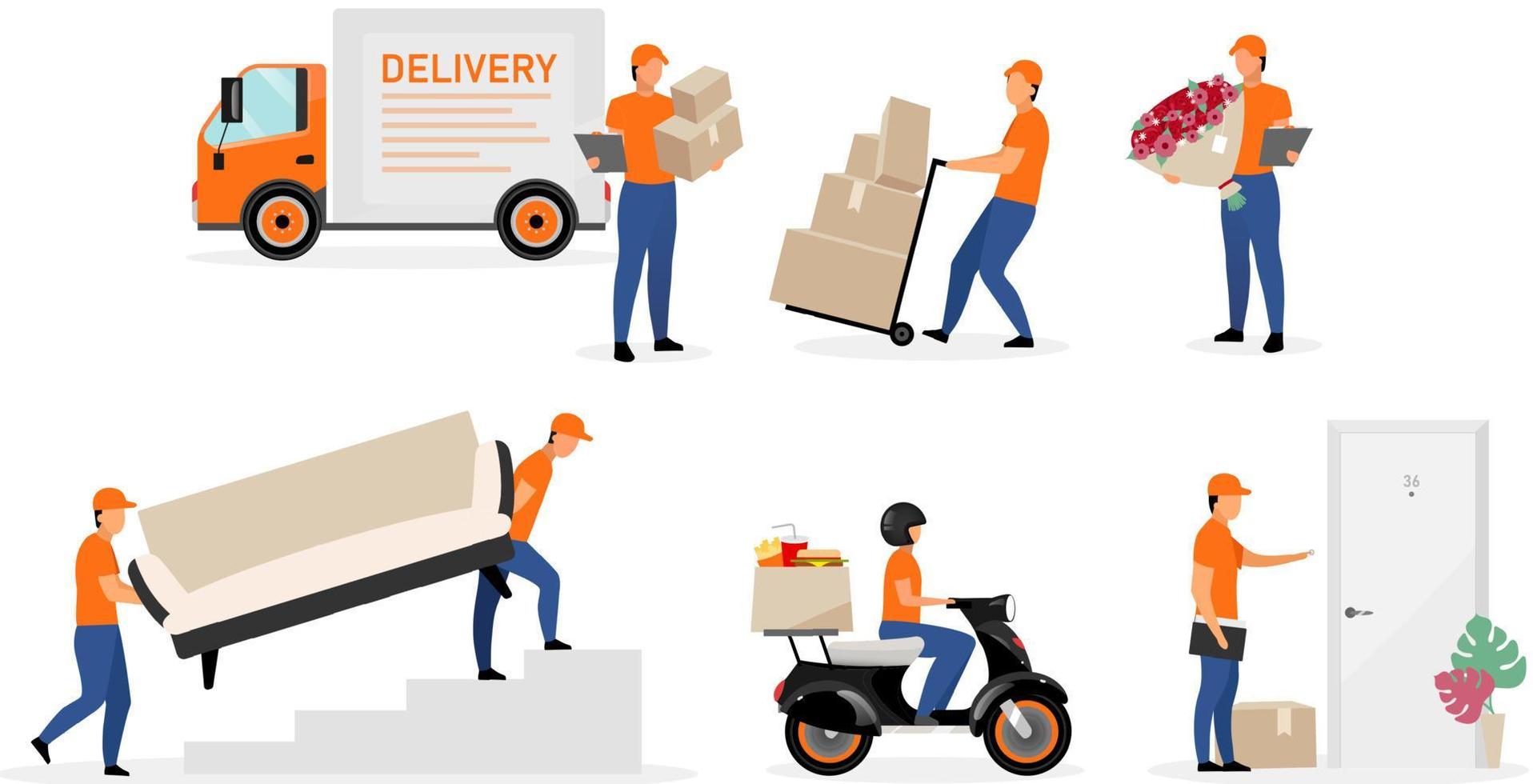 Delivery service workers flat vector illustrations set. Couriers, postman, deliveryman with order, parcel cartoon characters isolated on white background. Scooter, home delivery concept