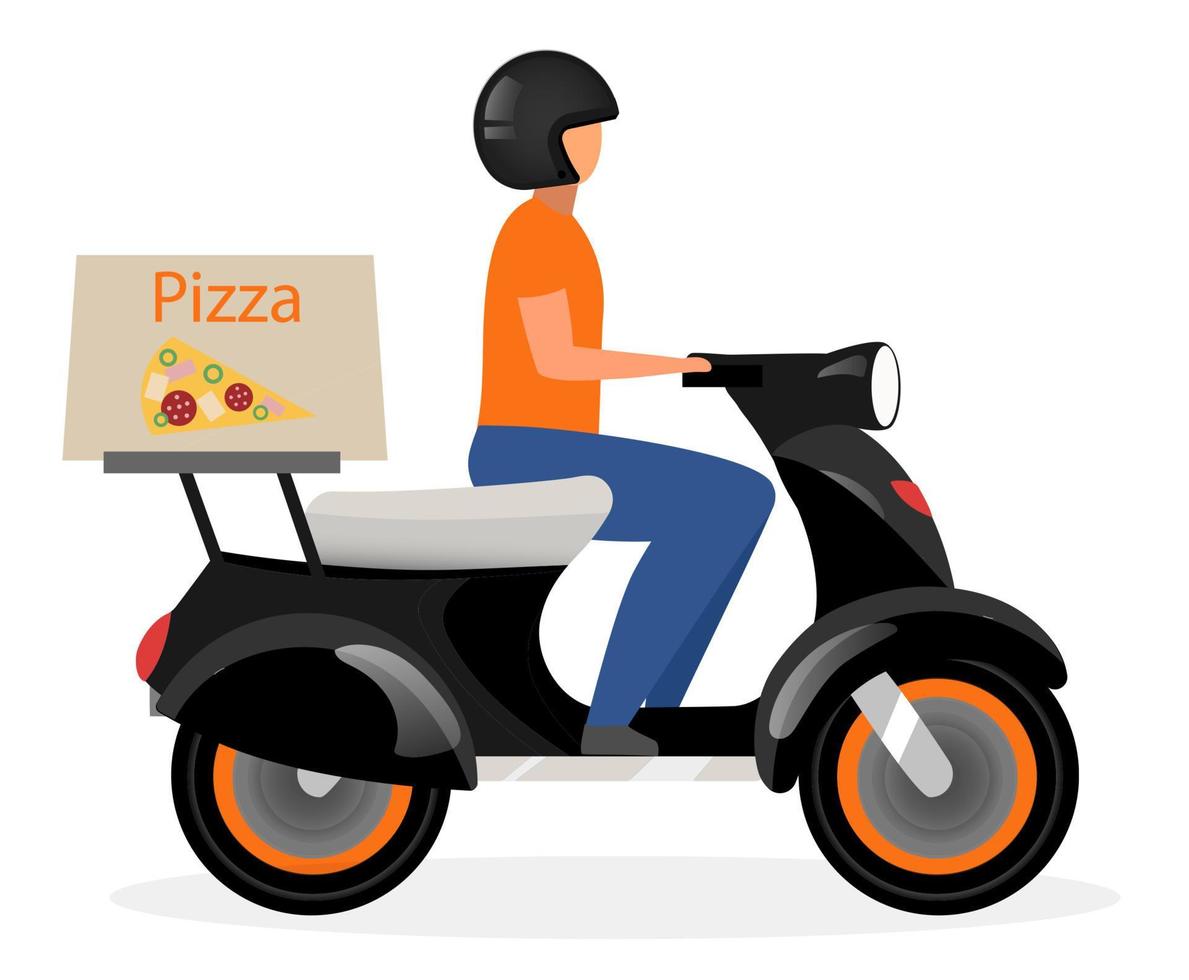 Ilustración de vector plano de entrega de pizza. Hombre conduciendo scooter con personaje de dibujos animados de paquete de comida aislado sobre fondo blanco. mensajero montando motocicleta, moto entregando orden de restaurante pizzería