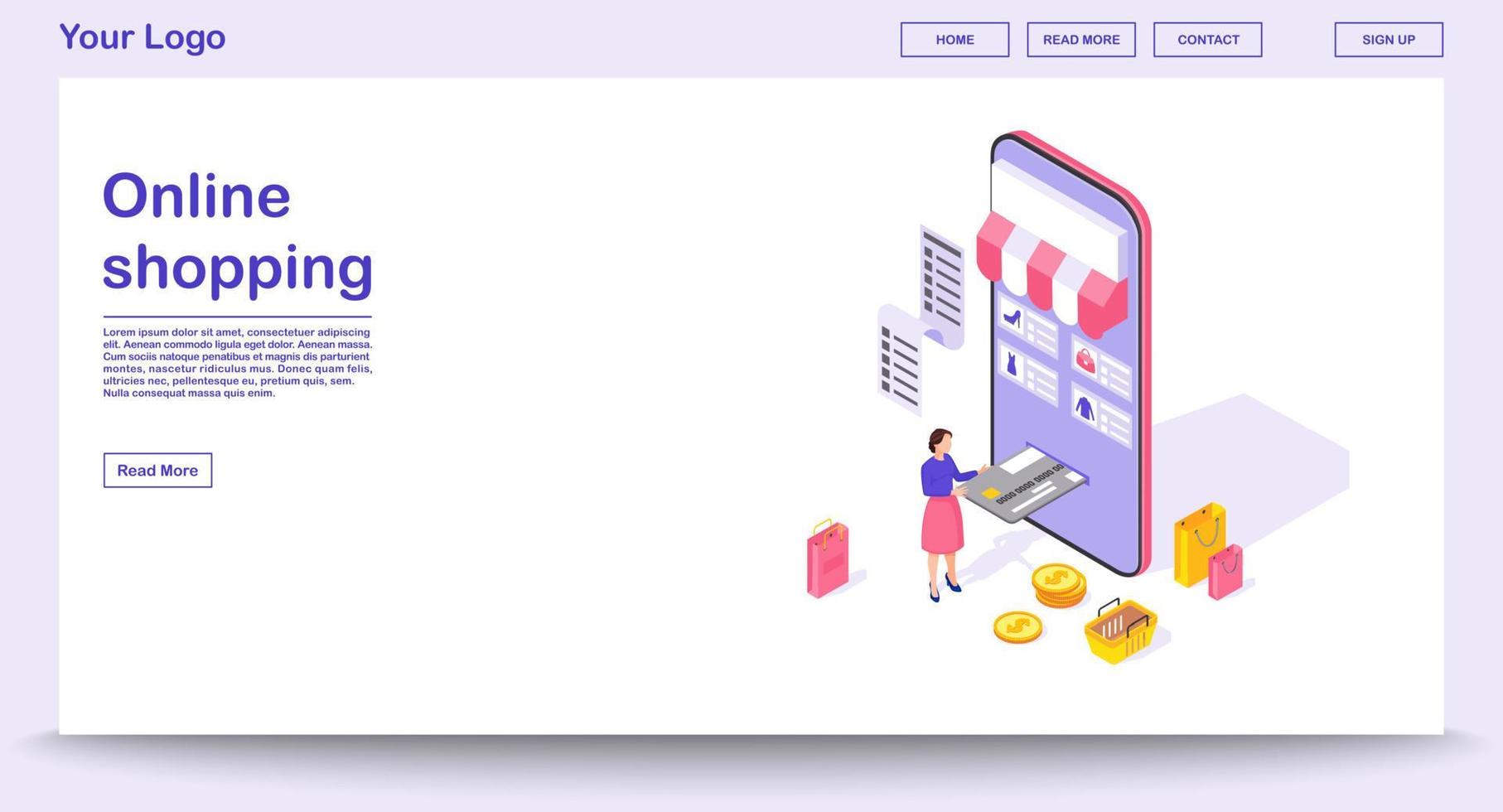 Online shopping app webpage vector template with isometric illustration. Website interface design. Shopping smartphone application 3d concept. Online payment infographic. Webpage, mobile app design