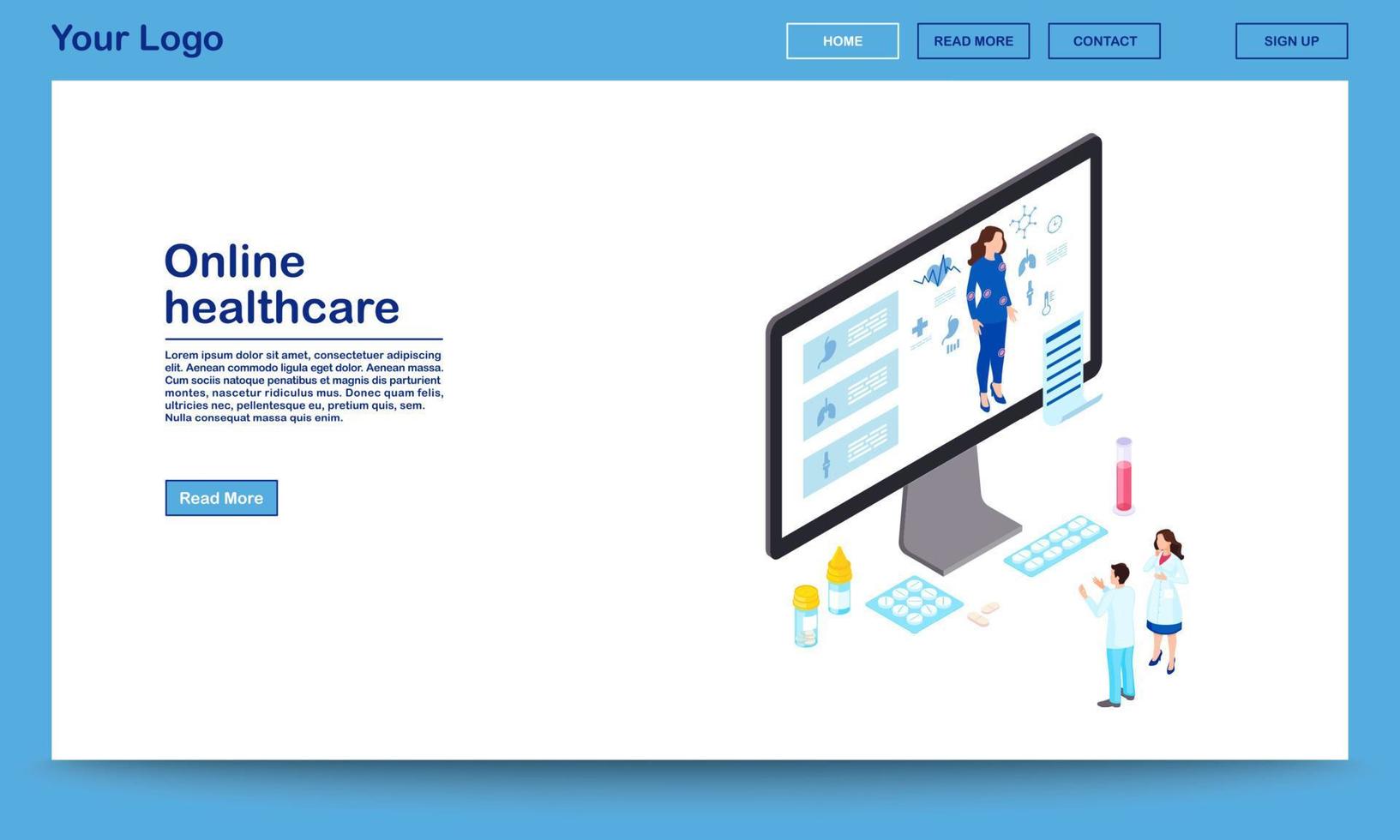 Online healthcare isometric website template. Remote doctors analysing woman health, prescribing medication. Distance internal organs scanning, internet diagnostics. Ehealth homepage with text space vector