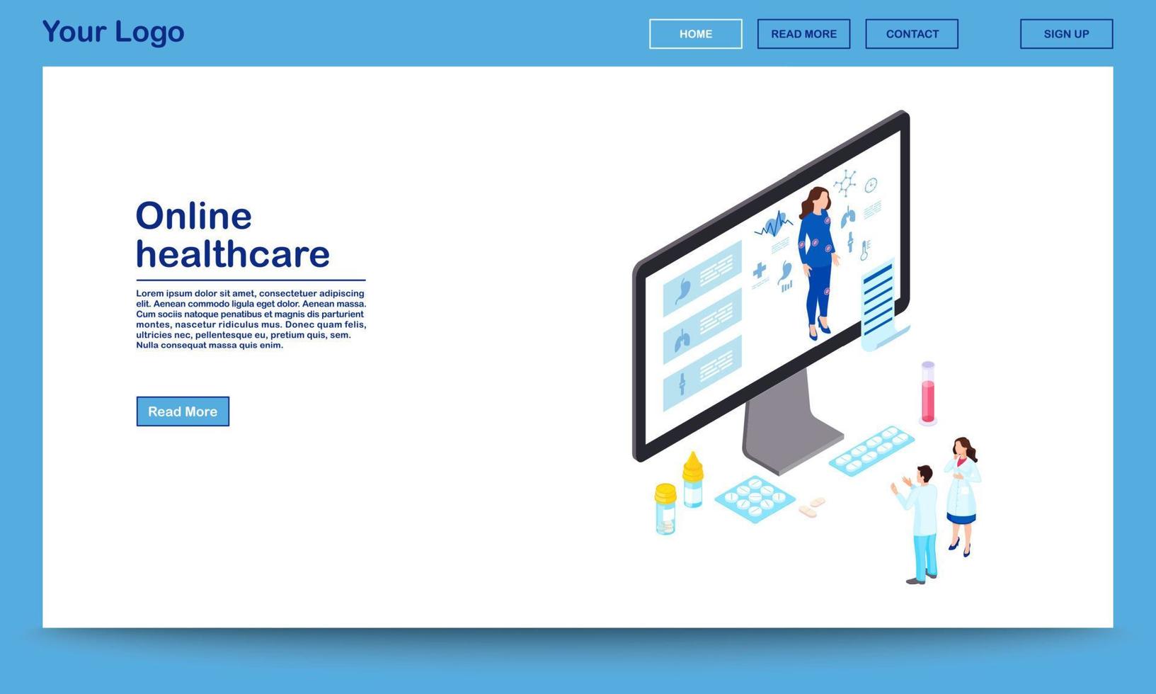 Plantilla de sitio web isométrica de atención médica en línea. médicos remotos que analizan la salud de la mujer, prescriben medicamentos. escaneo de órganos internos a distancia, diagnóstico por internet. página de inicio de ehealth con espacio de texto vector