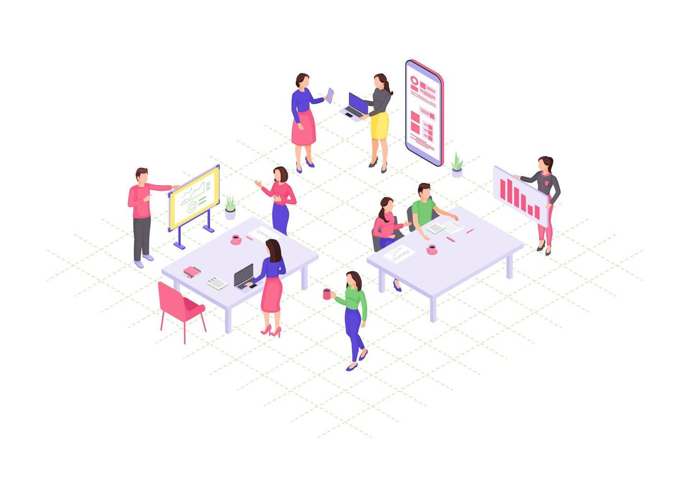 Teamwork isometric color vector illustration. Coworking, collaboration infographic. Marketing research. Project management. Business presentation, conference 3d concept. Webpage, mobile app design