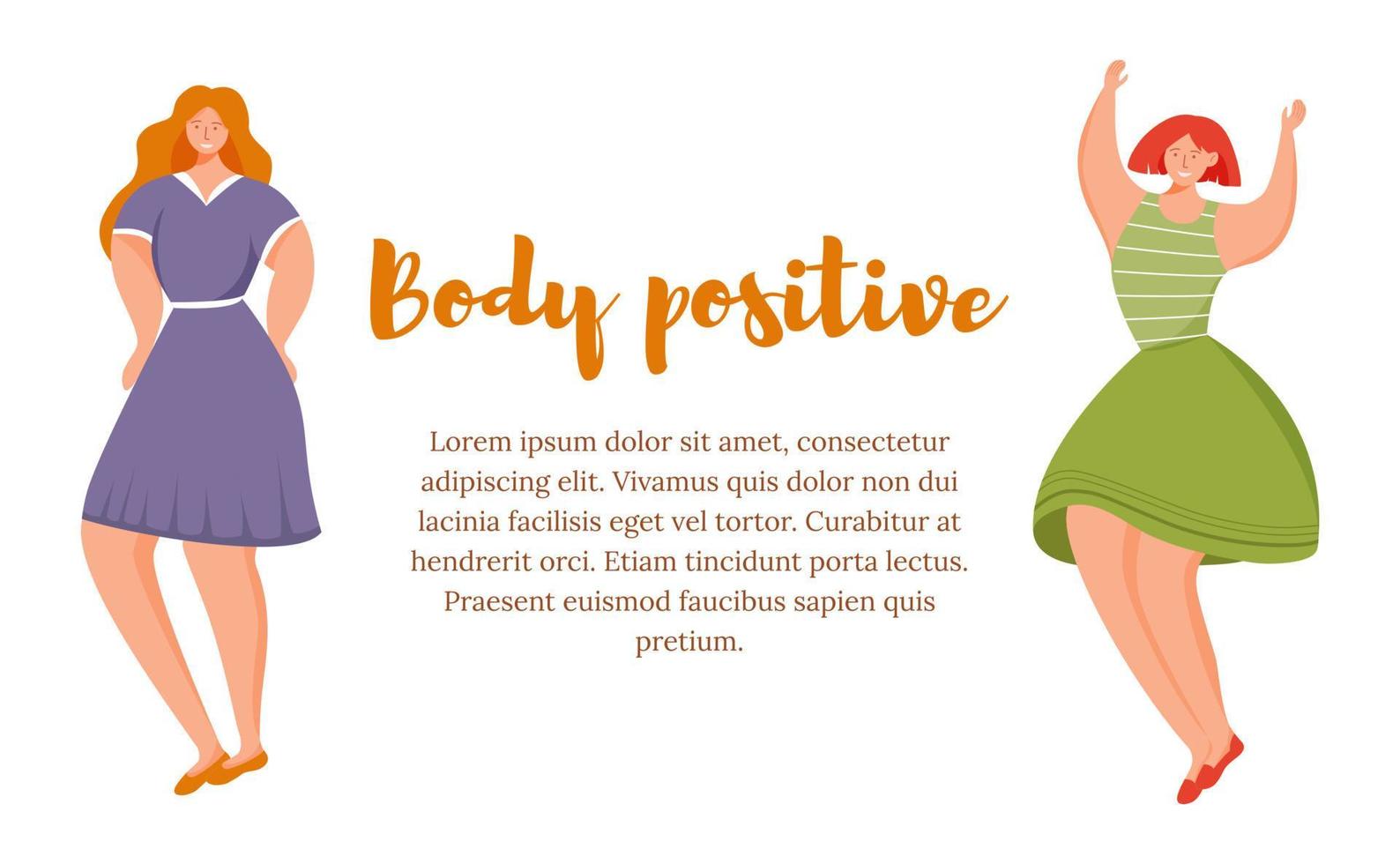 Body positive flat poster vector template. Smiling women isolated cartoon characters on white. Struggle for equality and feminism. Banner, brochure page, leaflet design layout with place for text